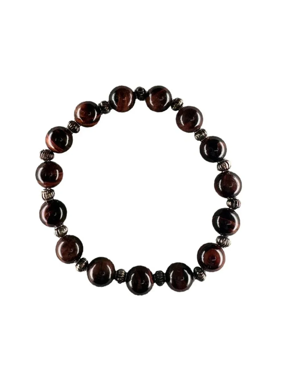 8mm Natural Red Tiger Eye Stone Stretch Beaded Bracelet Silver Alloy Charm